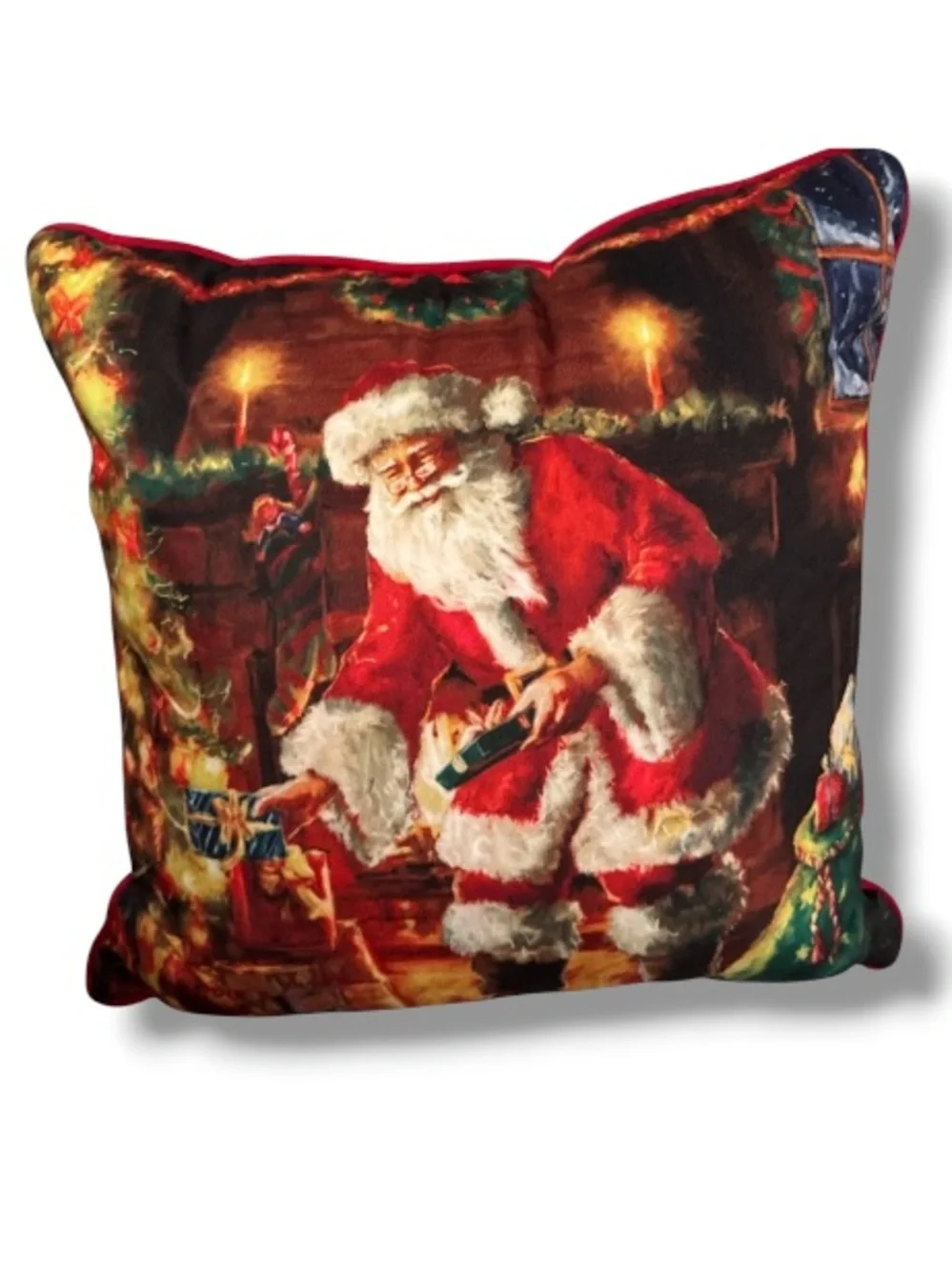 Santa Claus Gifts Under Tree Christmas Holiday Throw 16x16” Pillow Home Decor